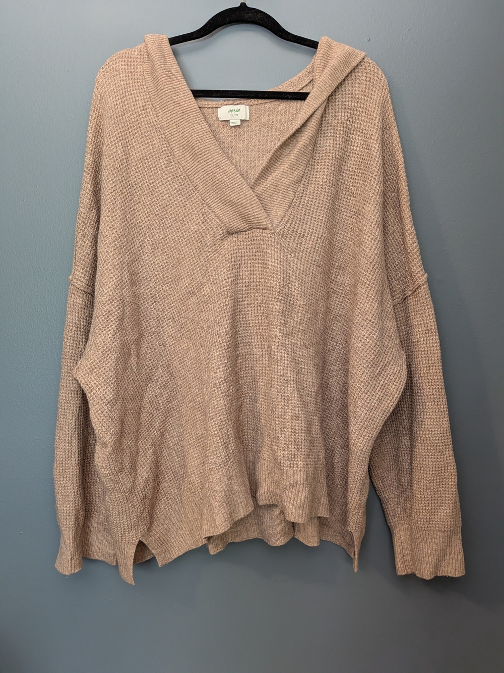 aerie Beige Taupe V-Neck Hooded Waffle Knit Sweater - Picture 2 of 8